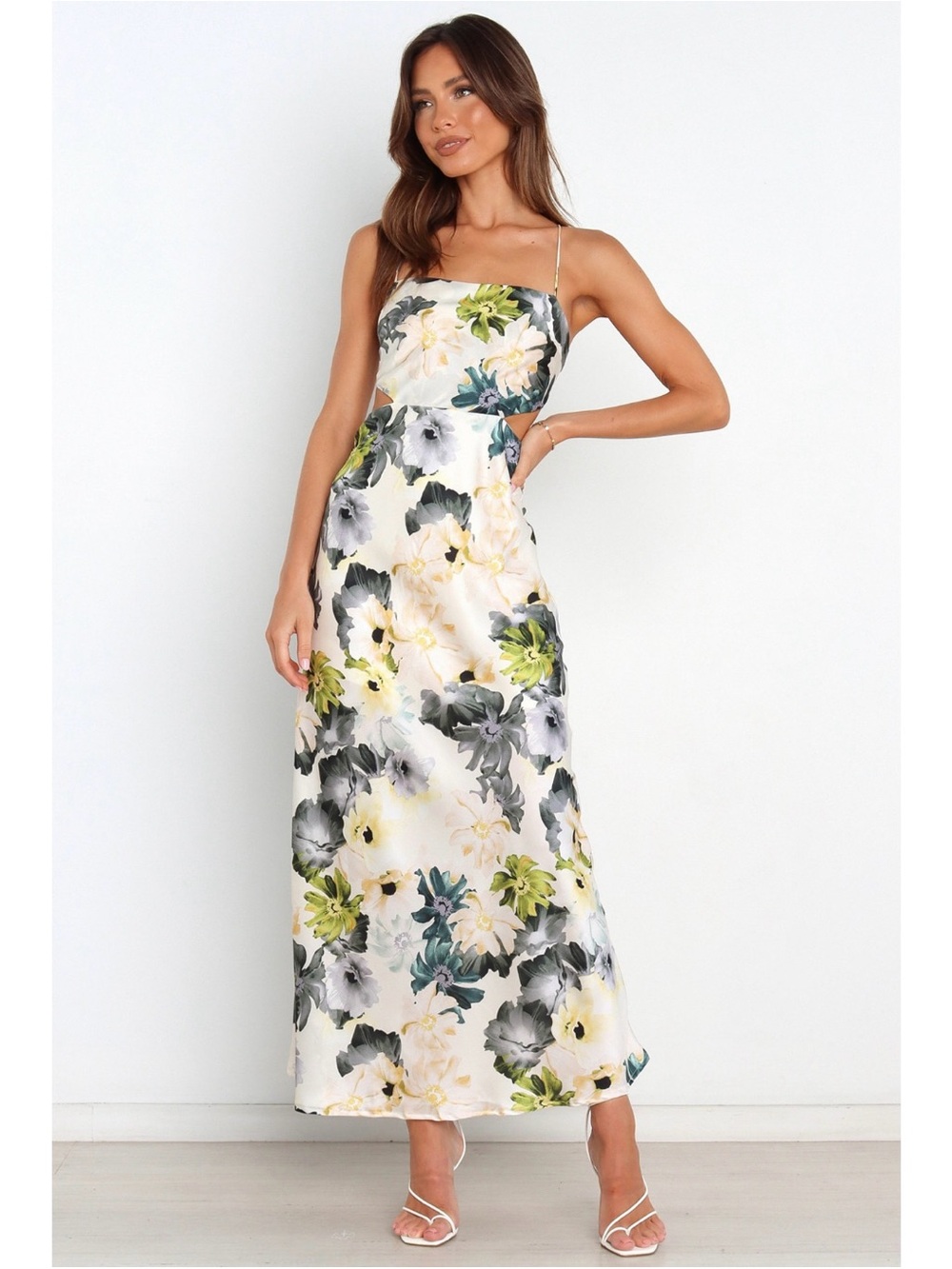 Petal & Pup White Floral Maxi Slip Dress with Green/yellow/gray Accents